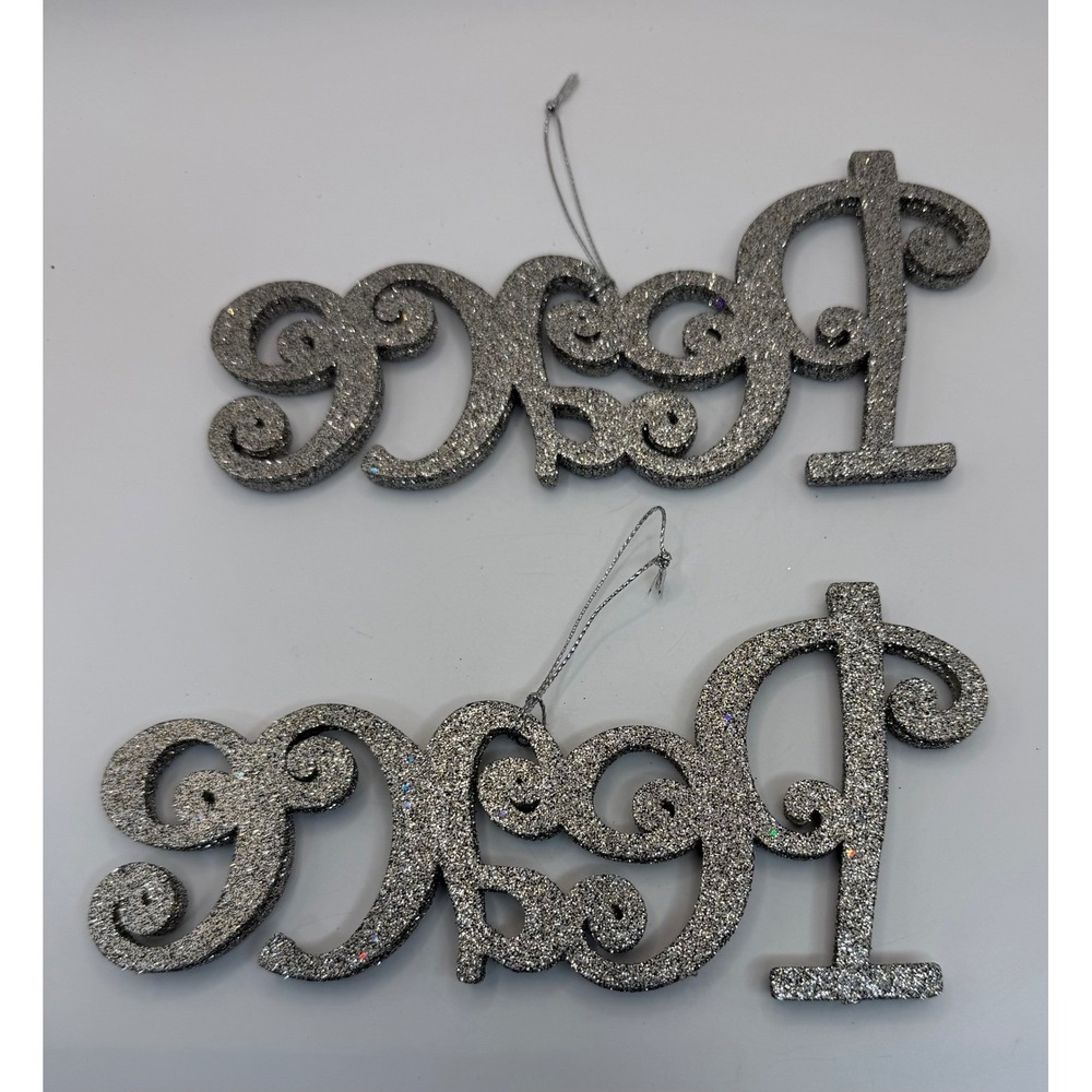 Set of 2 Glitter Peace Script Ornaments Scrollwork Cursive Holiday Christmas - Picture 3 of 3
